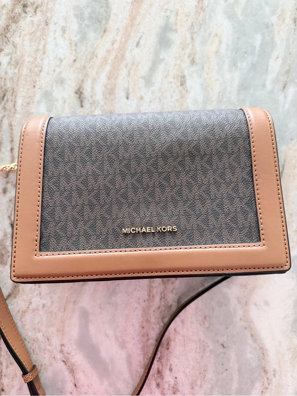 Michael Kors Brown and Tan Logo Crossbody Bag 6” H x 9” W